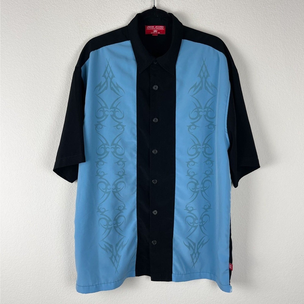 Vintage JNCO Jeans Shirt Mens XL Black Blue Short Sleeve Button Up Y2K 90s Flaw